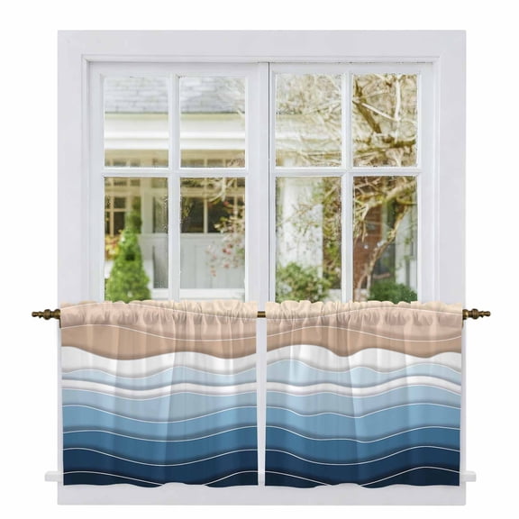 Navy Blue Ombre Stripe Tier Curtains, Abstract Summer Beach Coastal Light Filtering Kitchen Curtains, 2Pcs Rod Pocket Half Window Treatments Panels for Sink Cafe Cabinet Camper 27.5x24 Inches