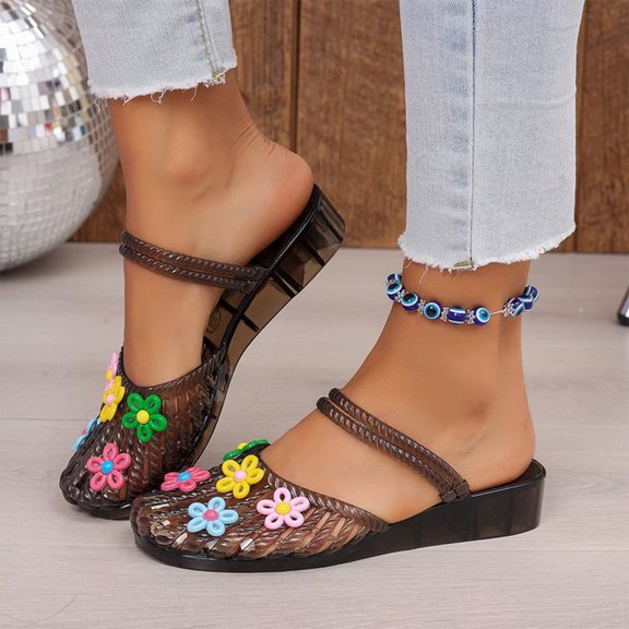Willtoo 3D Flower Jelly Sandals for Women Transparent PVC Closed Toe Sandals, Comfortable Waterproof Fashion Footwear