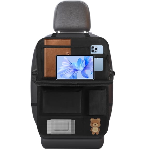 Car Backseat Organizer with Tablet Holder,6 Storage Pockets Car Storage Organizer with Foldable Food Tray,Kick Mats Backseat Protector Travel Accessories (Black)