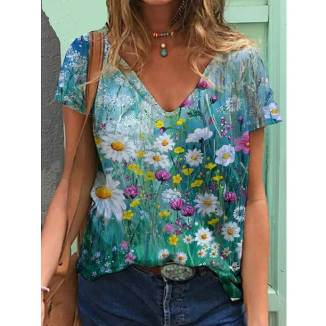 DPTALR T-Shirt Femme à Manches Courtes Col en V Imprimé Floral Ample