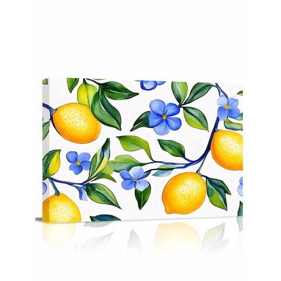 Yellow Lemon Wall Art for Living Room,Canvas Picture Wall Decor for Bathroom Bedroom,Blue Flower Botanical Blossom Motif Spring Painting Artwork for Office Kitchen Hallway Dining Room Decor 24"x32"