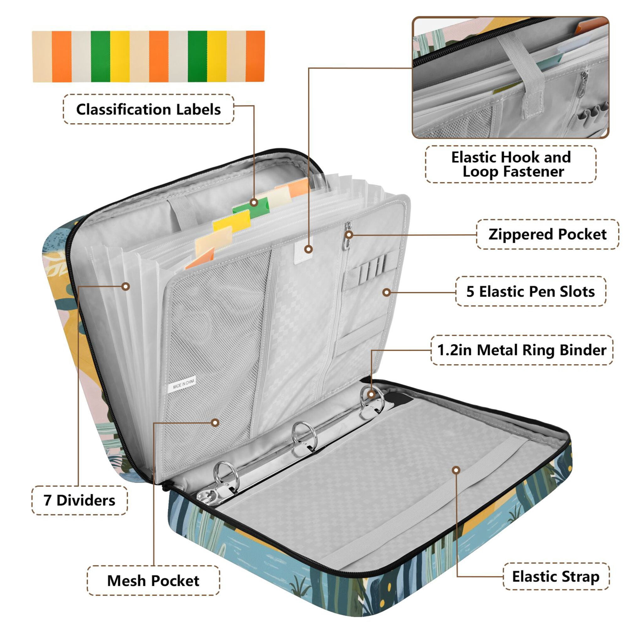 FORMRS Accordion File Folder A4 Size 7-Pocket Expanding Document Organizer Bag with 3 Ring Binder, Boho Style Sun