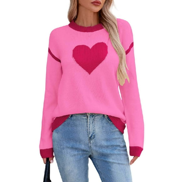 Lenpel Women's Sweaters Casual Long Sleeve Crew Neck Heart Printed Color Block Knit Sweater Tops Loose Pullover Sweaters(Pink,Medium)