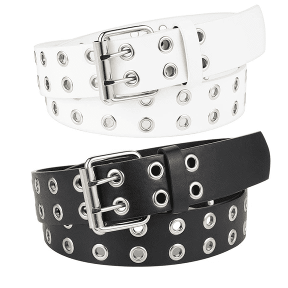 2Pcs Double Grommet Punk Belt - Black White Faux Leather 2 Prong and Holes Aesthetic Grunge Belts for Men Women - Size Medium