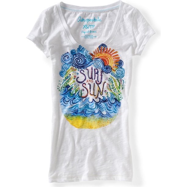 Aeropostale - Camiseta con cuello en V para mujer Soak Up The Sun Graphic, color blanco, grande Aeropostale Camiseta gráfica