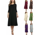 thumbnail image 3 of Xmarks Women's Casual Loose Plain Pleated Long Dress Midi 3/4 Sleeve Dresses Gray S-XXL, 3 of 4