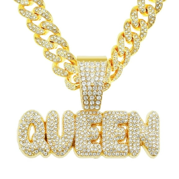 Fachoice Letter Queen Pendant for Men Hip Hop Queen Cuban Necklace, Gold Sparkly Queen Cuban Necklace Iced Out Queen Cuban Chain Necklace Fashion Queen Cuban Necklace Stylish Queen Cuban Necklace