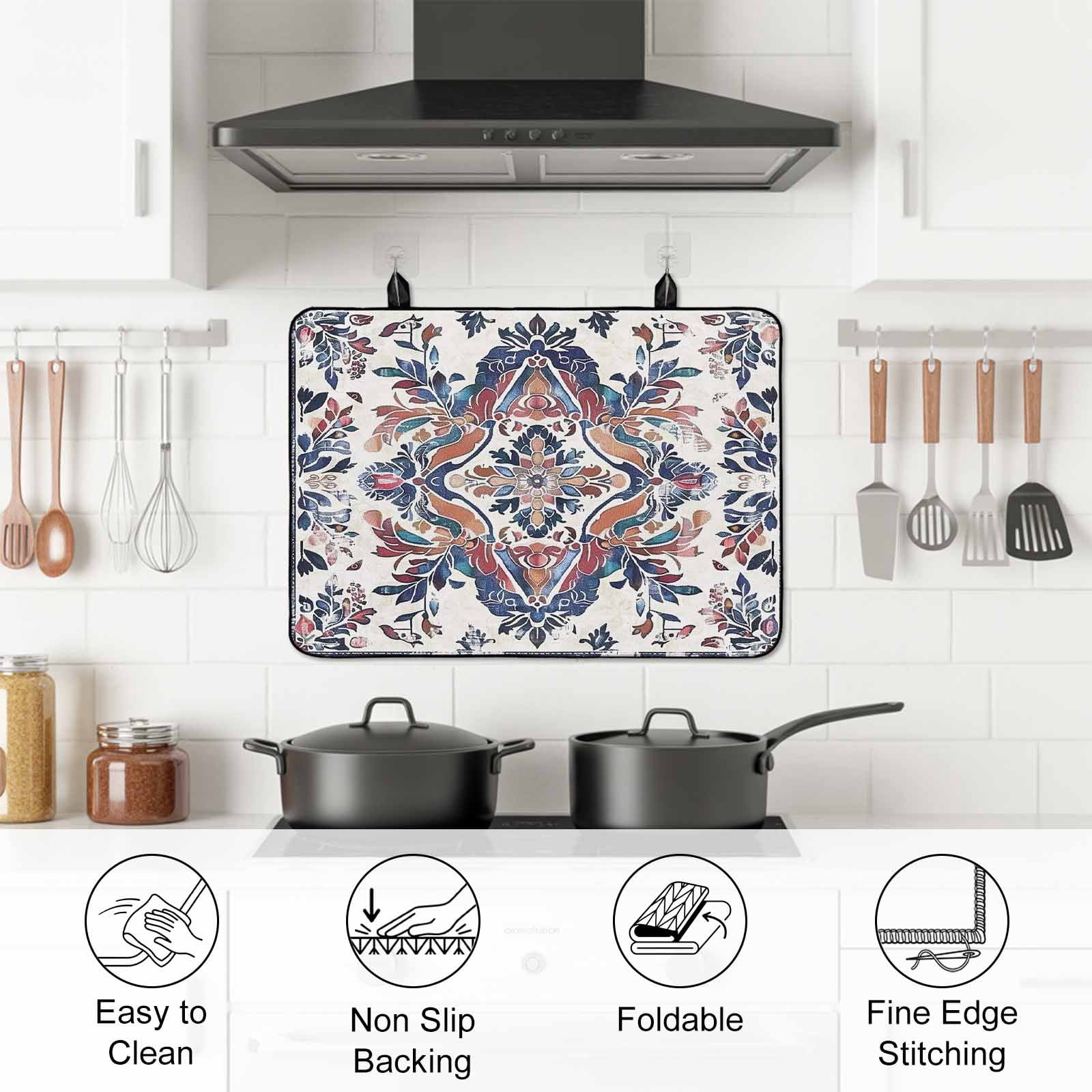 Boho Navy Blue Stove Top Cover for Electric Stove, Heat-proof & Non Slip Glass Top Stove Cover Protector, Vintage Southwestern Geometric Art Kitchen Flat Cooktop Rubber Mat 24x21 Inches