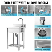 Utility Sink with Hot and Cold Water Pipes, 304 Stainless Steel Free Standing Kitchen Sink, Single Bowl Design for Laundry Room, Bathroom, and Farmhouse