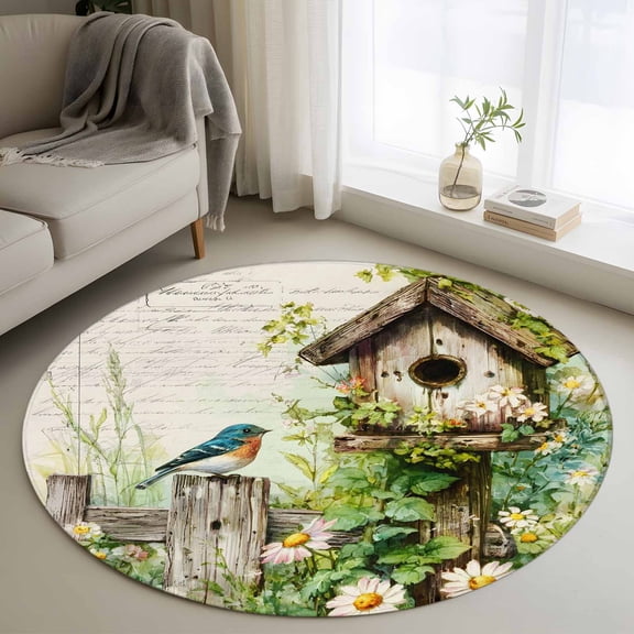 Small Round Rug 3Ft Washable Non-Slip, Spring Floral Circle Area Rugs for Living Room Bedroom, Birds Cabin Daisy Watercolor Botanical Indoor Floor Mats Carpet Runner for Home Decor