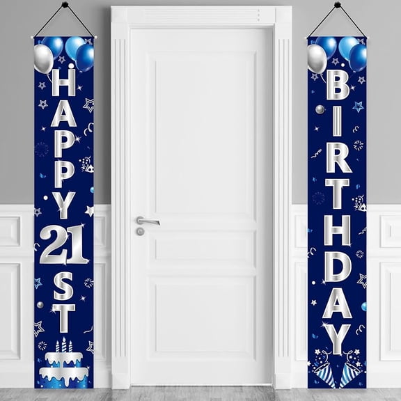 Blue Silver 21st Birthday Door Banner Decorations, Happy 21 Birthday Party Porch Banner for Men, 21 Year Old Bady Party Decoration for Outdoor Indoor