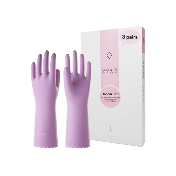 LANON 3 Paires de Gants de Nettoyage Doux pour la Peau, Gants de Cuisine pour Vaisselle avec Doublure en Coton Floqué, Réutilisables, Antidérapants, Brume Mauve, Moyen