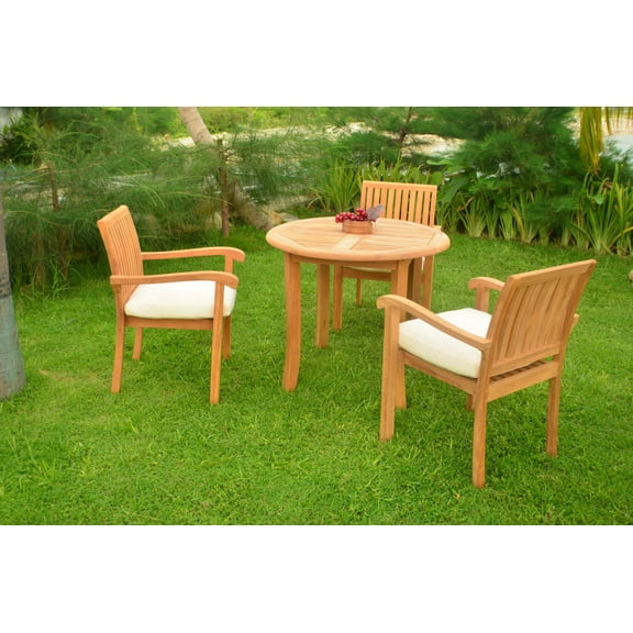 Teak Dining Set:3 Seater 4 Pc - 36" Round Table And 3 Napa Stacking Arm Chairs Outdoor Patio Grade-A Teak Wood WholesaleTeak #WMDSNP2