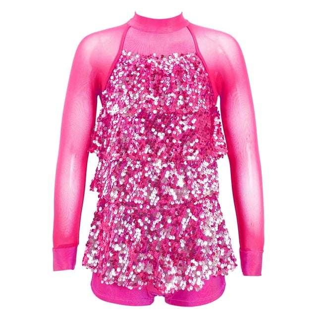 Sxiwei Robe Dos Nu à Sequins pour Filles, Danse Latine Jazz, Costume de Danse Moderne, Manches Longues, Rose Vif 14