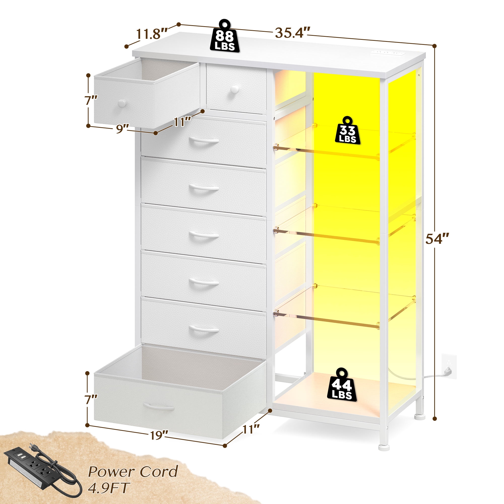 EnHomee White Dresser for Bedroom with Acrylic Open Shelves & Charging Station Tall Dresser with 8 Fabric Drawers & LED Lights