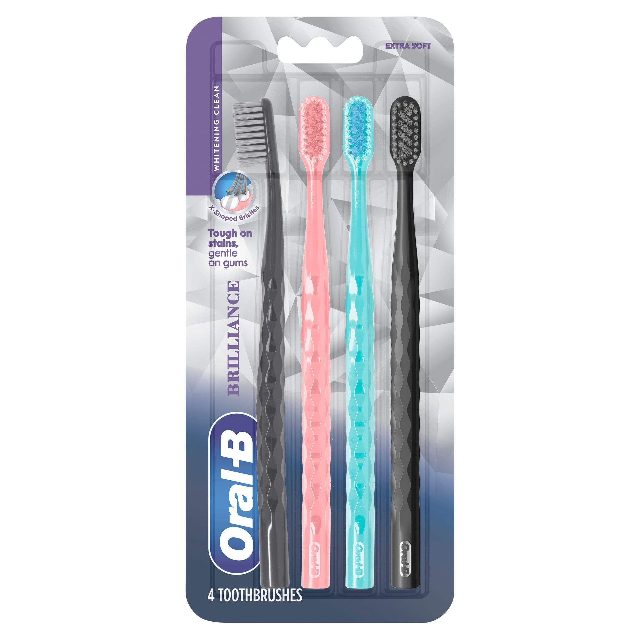 Oral-B Toothbrush Pro Whitening Brilliance, Extra Soft, Black, Coral, and Teal, 4 Count