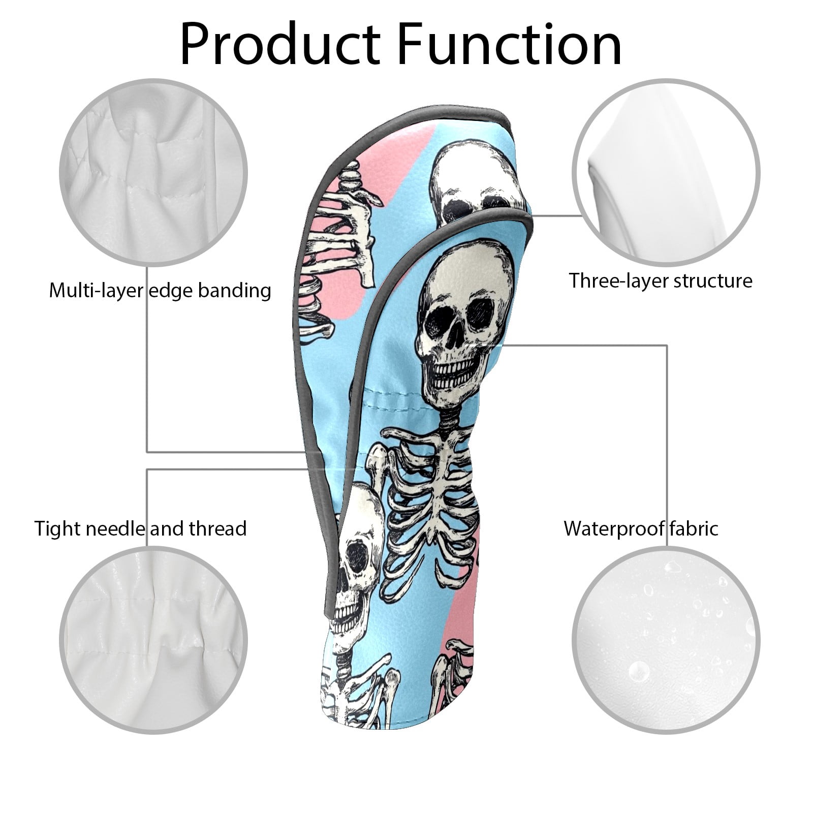 Golf Club Head Covers - Human Skeleton Design, PU Leather, Waterproof, Fits Fairway Woods/Hybrid, Unisex, Fits Most Brands