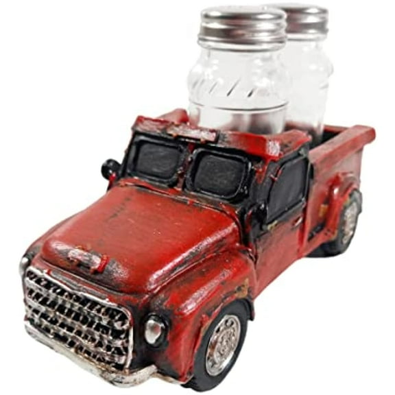 Urbalabs Western Rusty Red Truck or Farmer Green Salt and Pepper Shaker Caddy Farmhouse Dinner Table Kitchen Ranch Decorations Rustic Cowboy Decor Hand Painted (Rusty Red)