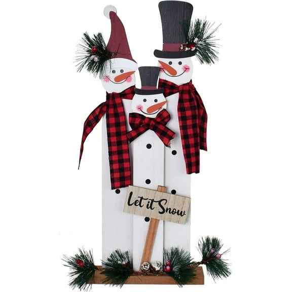 Snowman Table Top Decoration Wood Xmas Sign, Decorative Snowman with Buffalo Sca