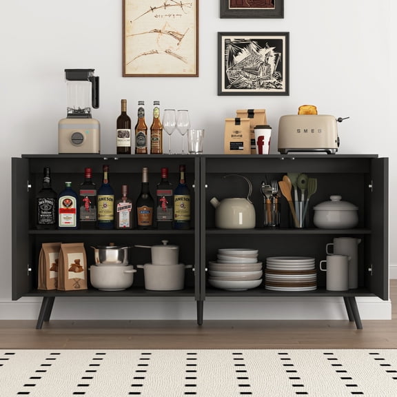59.1" Sideboard Buffet Cabinet with Storage, 4 Door Credenza Cabinet with Adjustable Shelves, Wood Coffee Bar Console Cabinet for Kitchen Dining Room Living Room, Black