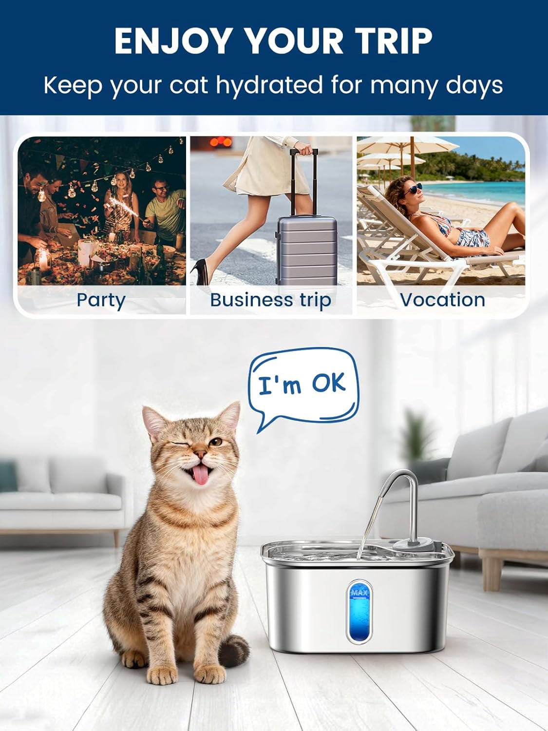 Cat Water Fountain Stainless Steel for Cats Indoor by BPA-Free SUS304, Effective 6-Layer Filter Cat Fountains for Drinking 2.5L 85oz 20dB Ultra Quiet Soft Flow Metal Pet Water Fountain
