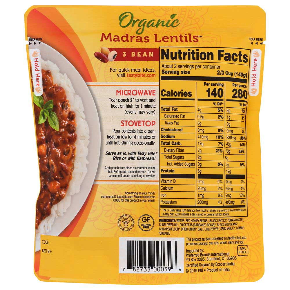 Tasty Bite Organic 3 Bean Madras Lentil, 10 Ounce -- 6 per Case.