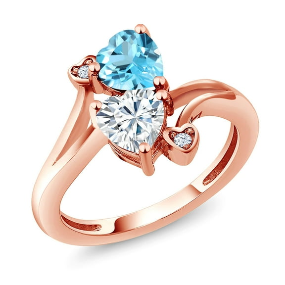 Gem Stone King 18K Rose Gold Plated Silver Swiss Blue Topaz White Moissanite Ring for Women (1.78 Cttw, Heart Shape 6MM, Gemstone November Birthstone, Size 8)