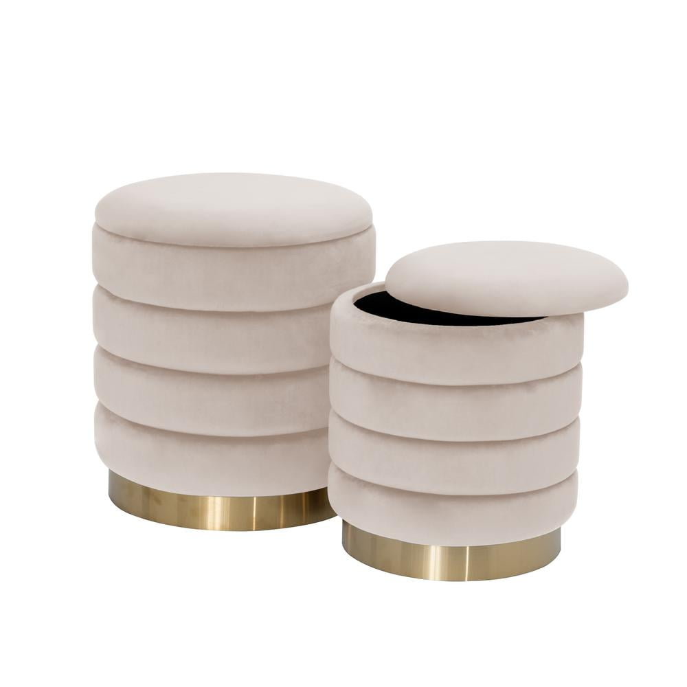 14" Velvet Round Storage Ottoman (Set of 2) Beige