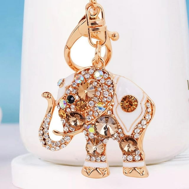 (Champagne Gold)Keychain Fashion Crystal Leopard Head Key Ring Crystal Elephant Car Bag Pendant for Girl Birthday Gift