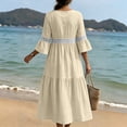 thumbnail image 5 of QUNYINEY 3/4 Sleeve Everyday Dresses for Women Faux Cotton Linen Casual Long A Line Dress Crew Neck Flowy Loose Fit Solid Lace Dresses, 5 of 8