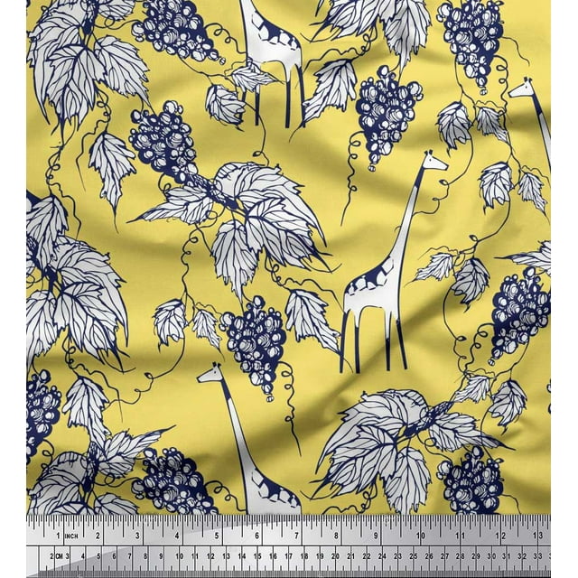 Soimoi Yellow Modal Satin Fabric Leaves,Grapes & Giraffe Animal Print Sewing Fabric BTY 42 Inch Wide