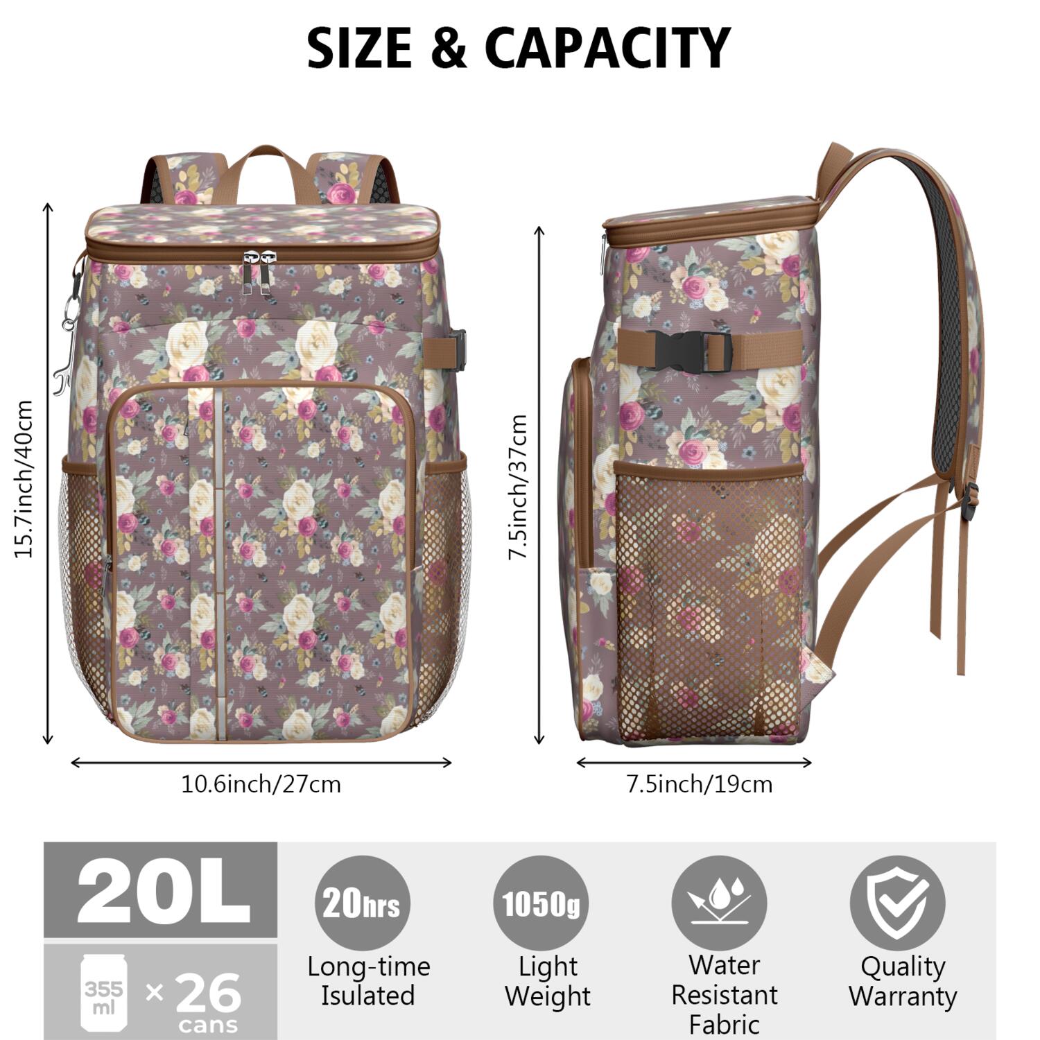 Travel Cooler Bag - Pioneer Flower Floral Print Pattern Camping Beer Cooler Backpack with Bottle Opener- Waterproof Insulated Picnic Backpacks - Cooler Bag for Beach