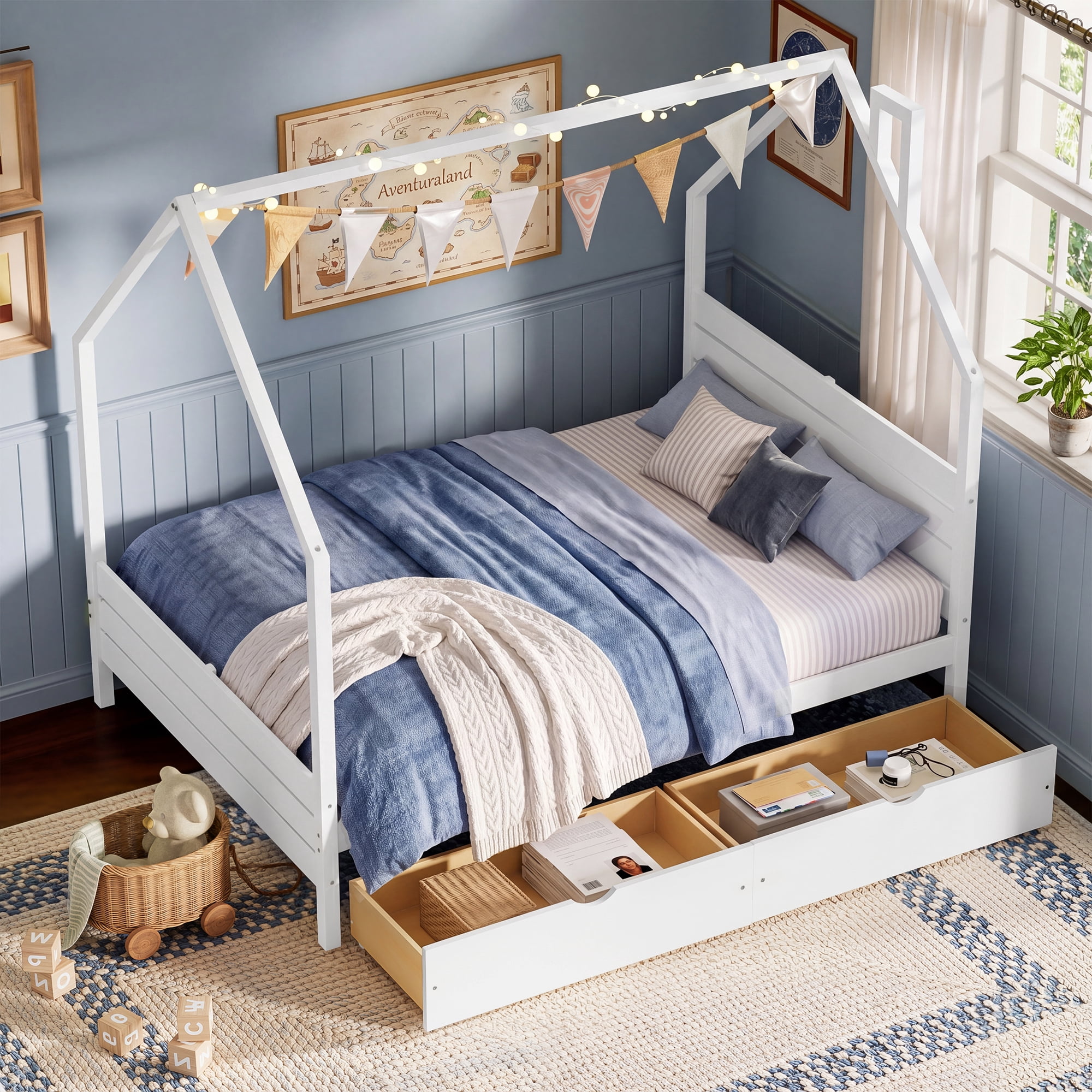 Mintazer Full Kids House Canopy Platform Bed with 2 Storage Drawers, Montessori Bed with Headboard for Bedroom, White