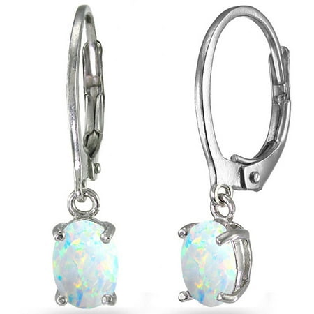 - Created White Opal Sterling Silver 7mm x 5mm Oval Dangle Leverback Earrings