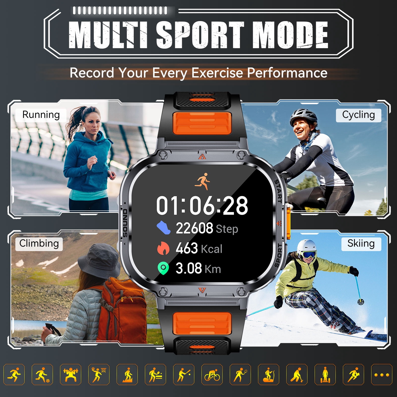 JELLOO NX23 2.0'' Large Horizontal HD Screen Smartwatches for Men (Answer/Make Calls), Smart Watch for iPhone and Android, Fitness Smartwatch with 100+ Sports Modes, Orange