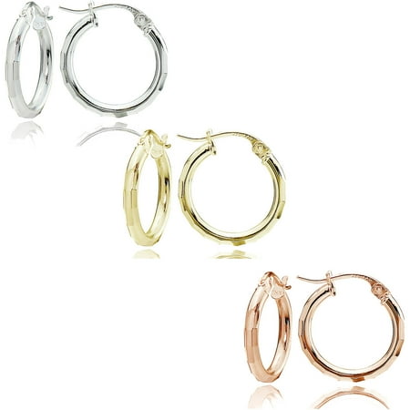 Barrel Hoop Earring Set - 14kt Gold over Sterling Silver 15mm Tricolor Faceted-Cut Earring Hoop Earring Set