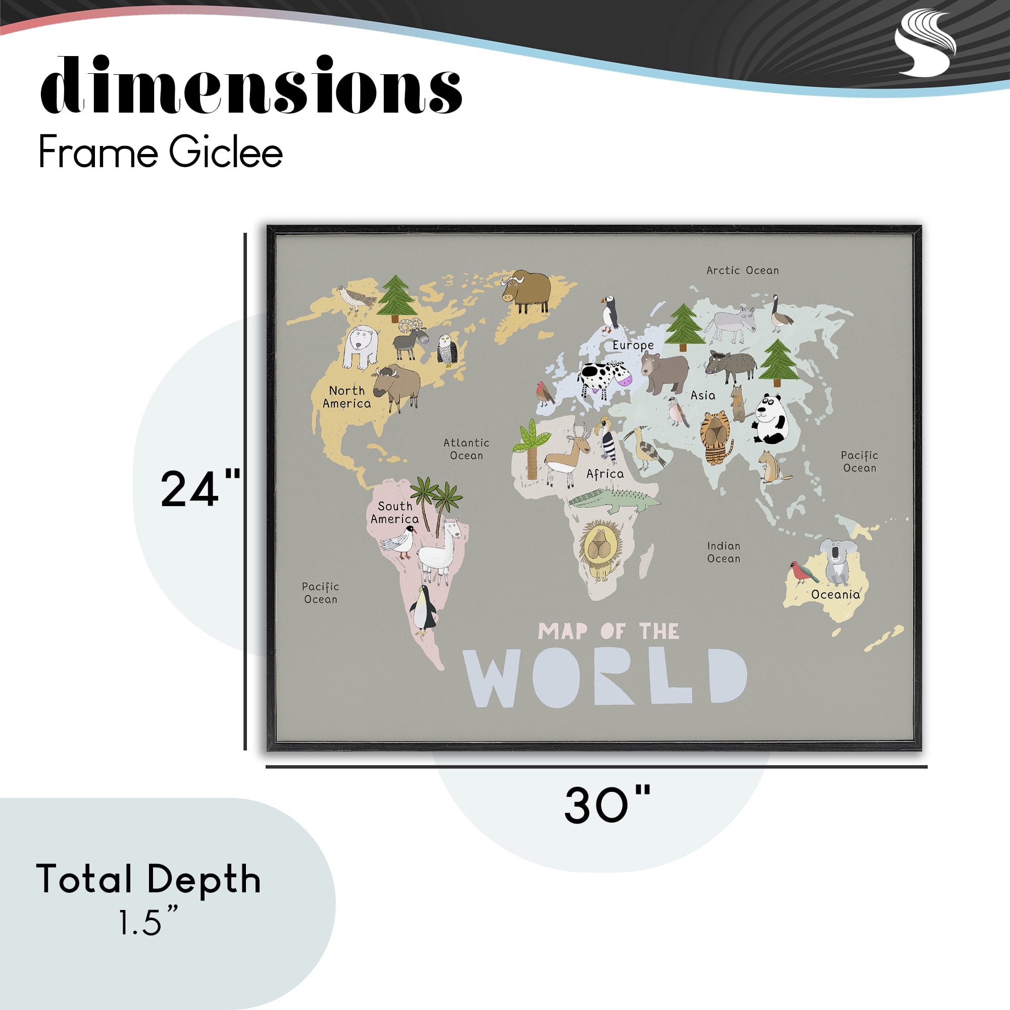 Kid's Map Of World Grey Black Framed Giclee Art, design by Carla Daly
