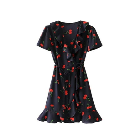 Ruffle Neck Wrap - OUMY Women V Neck Ruffled Floral Wrap Laces Mini Dress