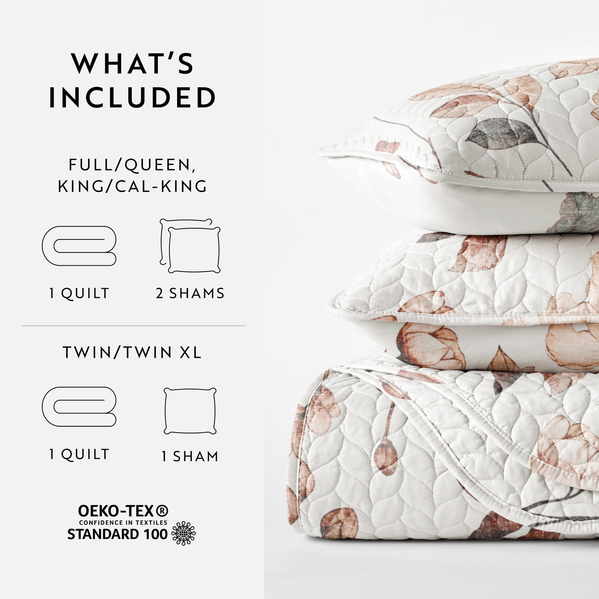 Noble Linens 3-Piece Natural Russet Floral Pattern Quilt Set, King