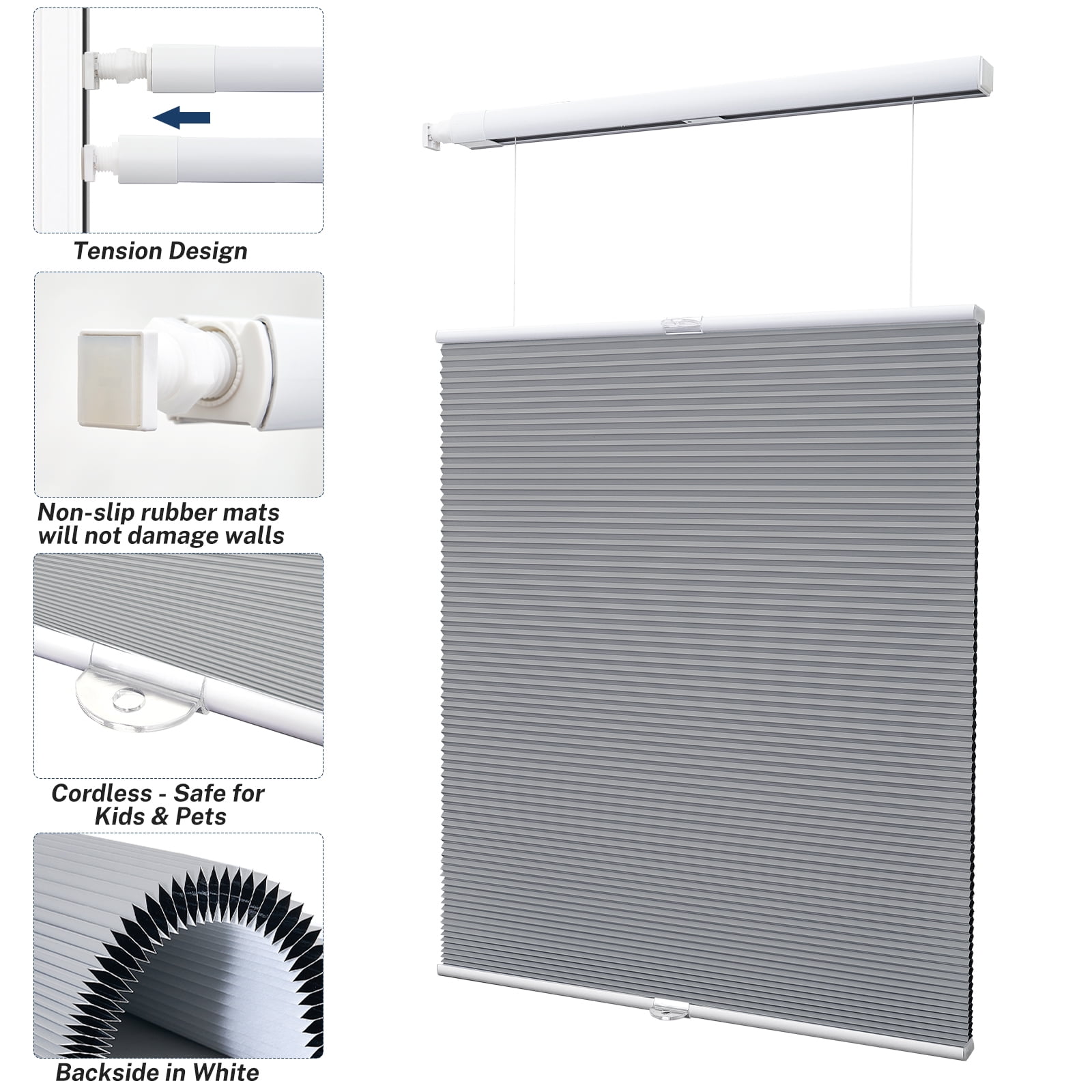 Keego No Drill Top Down Bottom Up Cellular Shades for Windows Blackout Cordless Blind Window Shades No Tool Honeycomb Blinds Shades for Home, Easy To Install, White, 49"W x 56"H