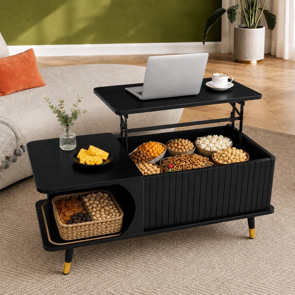 Lift Top Coffee Table with Hidden Storage Compartment and Large Shelf, Wood Farmhouse Coffee Table, Modern Center Table for Living Room, Office, Black