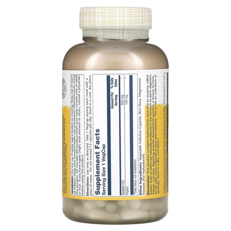Complément Alimentaire Bétaine HCI Avec Pepsine Solaray - 60 Capsules Végétales, 250mg, Aide à La Digestion