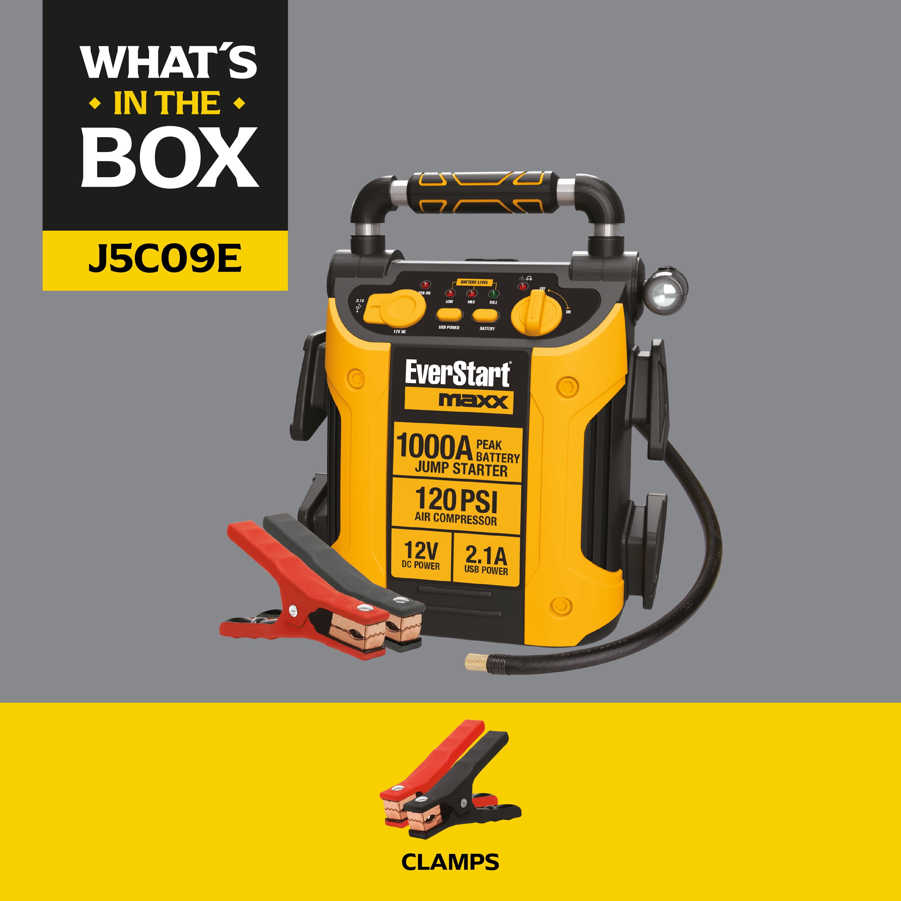 EverStart Maxx 1000 Peak Amp Jump Starter with Compressor, Pivoting LED Light, DC and USB Port