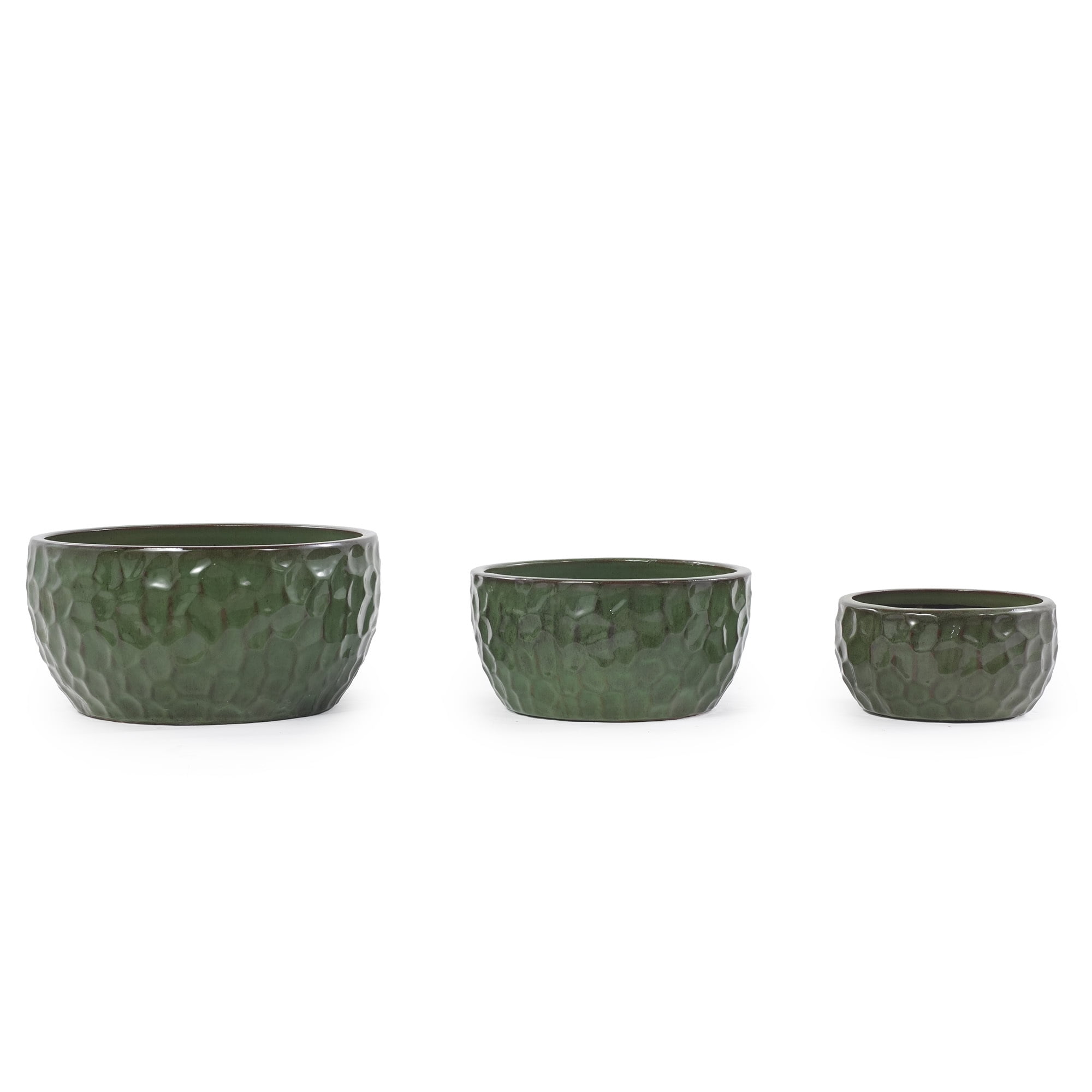 Leumius Set of 3 Handmade Ceramic Planter, 15"/12"/10" Diameter, Green Hammered Texture, for Succulents & Violets, Indoor/Outdoor Use on Windowsill & Bookshelf Green