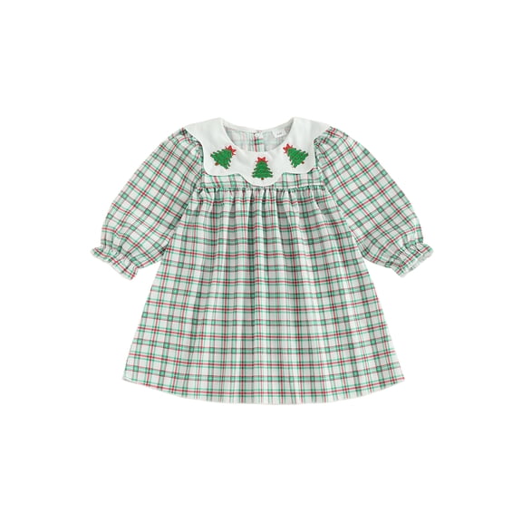 RUINIXCW Kids Toddler Baby Girl Christmas Dress Little Girls Xmas Clothes Party Holiday Dress Tree Embroidery Doll Collar Long Sleeve Plaid Dress