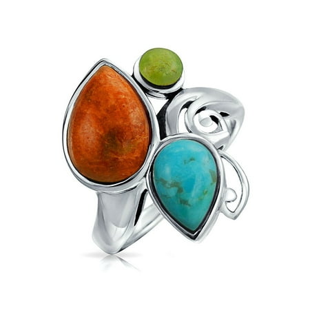 - Bypass Teardrop Multi Stone Color Compressed Simulated Coral Turquoise Cluster Ring Band Statement 925 Sterling Silver