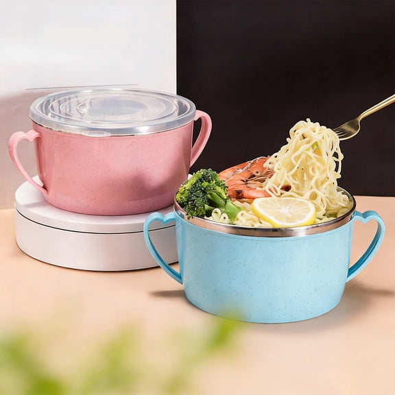 304 Stainless Steel Toddler Bowl with Double Layer Heat Insulation, Cartoon Design, Lid and Handles - Feeding Tableware(1400ml)
