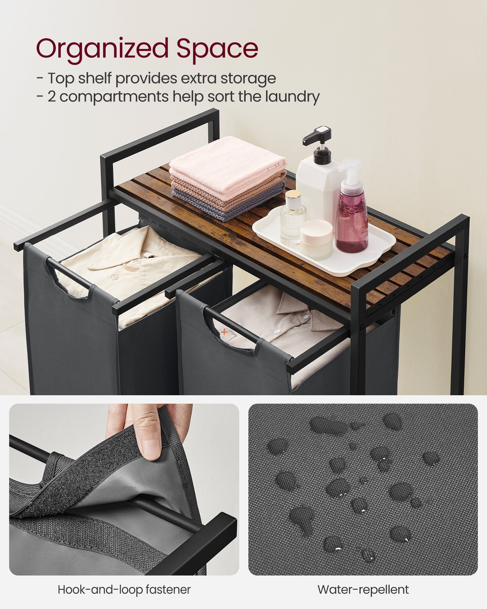46L Laundry Hamper with Shelf Laundry Basket Laundry Sorter with 2 Pull-Out and Removable Bags Shelf Gray