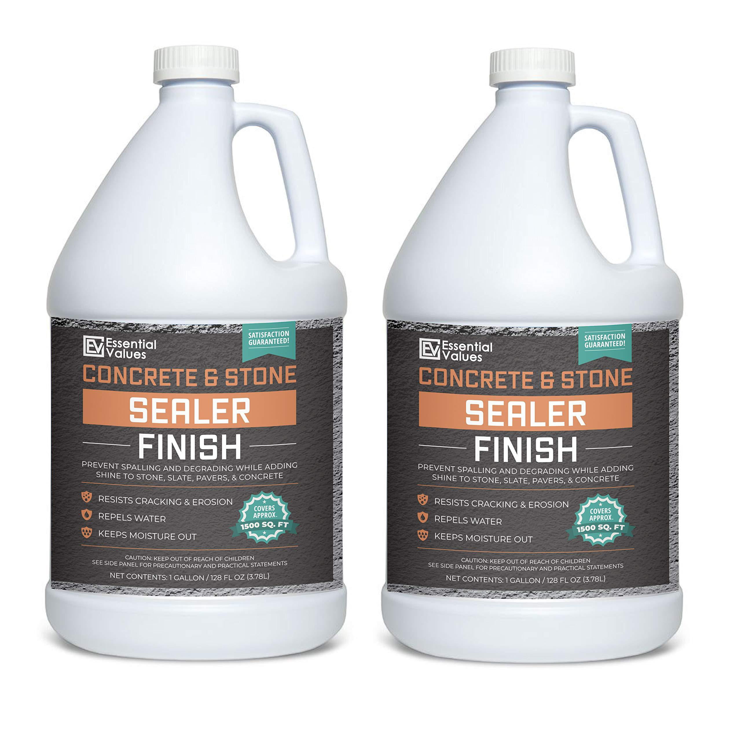 Essential Values 2 Gallon Concrete Sealer (Covers 3000 Sq Ft) - an Excellent Clear &amp; Wet Sealant Designed for Indoor/Outdoor Stone Surfaces - Perfect for Concrete | Driveways | Garages