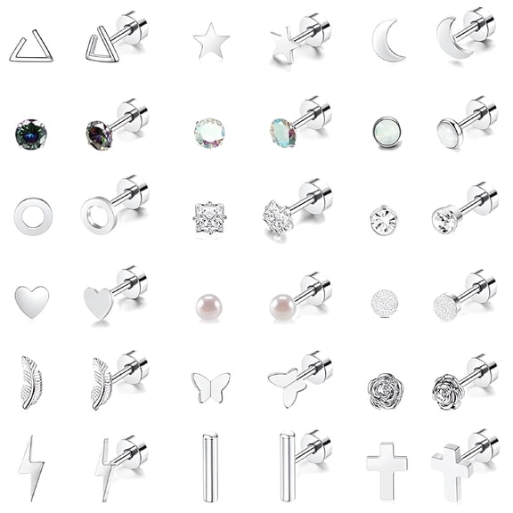 DESIGNICE 18 Pairs Adults Stainless Steel Stud Earrings Set for Women Men 20G Adult Cartilage Earrings Hypoallergenic Flatback Earrings Piercing Jewelry(Silver)